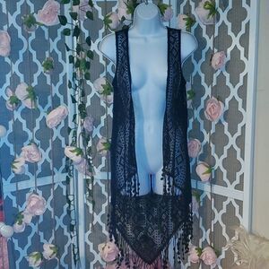 American Rag Black Crochet Shaw with Tassels